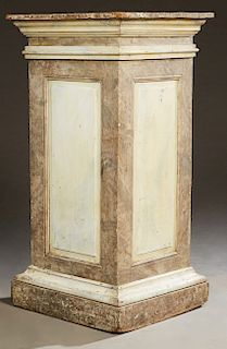 Large Polychromed Faux Marble Pedestal, 19th c., the square plank top on a stepped support above a paneled square column on a sloping support to a squ