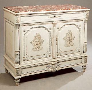 French Louis XVI Style Breakfront Polychrome Oak Sideboard, 19th c., the inset faux marble painted top above a setback frieze drawer and double fielde