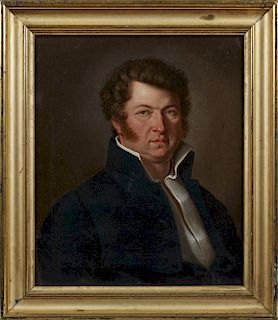 French School, "Portrait of a Gentleman with Mutton Chops," early 19th c., oil on canvas, presented in a wide gilt frame, H.- 21 1/2 in., W.- 17 5/8 i