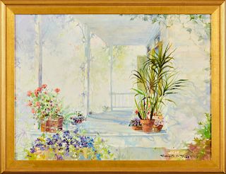 Robert Malcolm Rucker (1932-2001, Louisiana), "Light Filled Porch," oil on canvas, signed lower right, presented in a gilt frame, H.- 17 3/8 in., W.- 