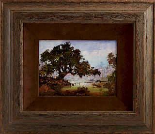 Robert M. Rucker (1932-2000, Louisiana), "Moss Draped Oak on the Bayou," 20th c., oil on board, signed lower right, presented in a distressed wood fra