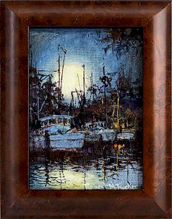 Robert M. Rucker (1932-2000, Louisiana), "Shrimp Boats at the Dock," 20th c., oil on board, signed lower right, presented in a burled wood frame, H.- 