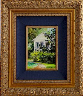 Robert M. Rucker (1932-2000, Louisiana), "The House Behind the Bushes," 20th c., oil on board, signed lower right, presented in a gilt relief shadowbo
