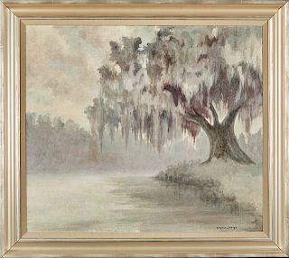 H. Alvin Sharpe (1910-1982, Louisiana), "Bayou Scene with Moss Draped Oak," 20th c., oil on canvas, signed lower right, presented in a wide silvered f