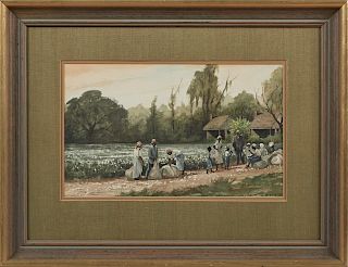 John Korver (1910-1988, Baton Rouge, LA), "The Cotton Harvest," 20th c., watercolor, signed lower right, presented in a gilt and wood frame with a lin