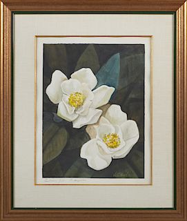 John Korver (1910-1988, Baton Rouge, LA), "Louisiana Gold - The Magnolia," 20th c., watercolor, signed lower right, pencil titled lower left margin, p