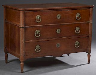 French Louis XVI Style Cherry Commode, c. 1770, the stepped edge cookie corner top over a frieze drawer above two drawers, flanked by engaged fluted c