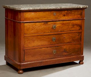 French Louis Philippe Carved Walnut Marble Top Commode, 19th c., the canted corner reeded edge highly figured grey marble over a frieze drawer and thr