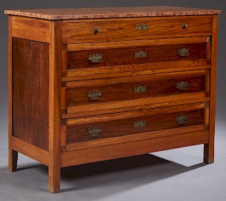 French Carved Oak Marble Top Commode, c. 1900, the highly figured rouge marble over four drawers and a "secret" bottom compartment, on block feet, H.-