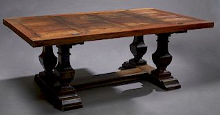 French Carved Walnut Refectory Table, late 19th c., the thick parquetry inlaid top with large diamond top iron screws fastening it to tapering urn tre