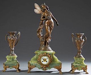 French Three Piece Patinated Spelter and Green Onyx Clock Set, c. 1900, with a figure of a winged nymph after Pierre Campagne (1851-1914), atop a step