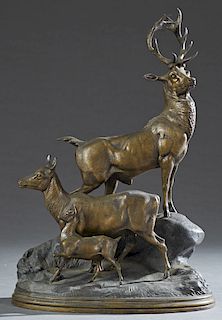 After Hippolyte Heizler (1828-1871, French), "The Stag and his Family," 19th c., patinated spelter figural group, incised signature proper right front