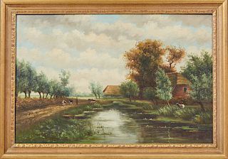 Jan Willem Van Borselen (1825-1892), "Farmer Watering the Cows," 19th c., oil on canvas, signed lower left center, presented in a gilt frame, H.- 13 3