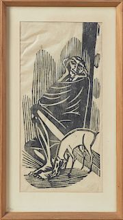 Axel Johannes Salto (1889-1961, Danish), "Seated Man with Dog," 20th c., woodcut, pencil titled verso "Lazarus," verso also with a letter of authentic