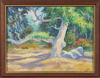 Marie Atkinson Hull (1890-1980, Mississippi), "Large Tree in a Landscape," oil on board, signed lower right, presented in a mahogany frame, H.- 17 1//