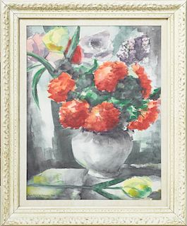 Alan R. Flattman (1946-, New Orleans) "Still Life of Flowers in a Blue Vase," 1964, watercolor, signed and dated lower left, presented in a polychrome