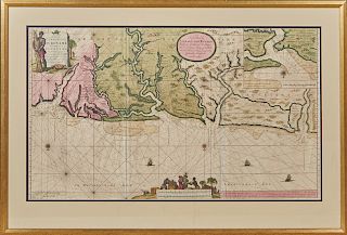 Gerard Van Keulen (1678-1726, Dutch), "Map of the Coast of Suriname," c. 1720, hand colored copper engraving, presented in a gilt frame, H.- 20 1/2 in