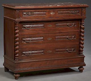 French Henri II Style Carved Walnut Marble Top Commode, c. 1880, the stepped top with an inset highly figured rouge marble above a frieze drawer over 