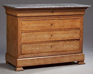 French Louis Philippe Style Carved Oak Commode, 19th c., the reeded edge highly figured rounded corner marble over a cavetto frieze drawer and a botto
