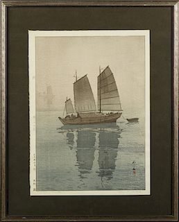Hiroshi Yoshida (1876-1950, Japanese), "Sailing Boat, Forenoon," 1926, woodcut, from the "Inland Setonai Selection," pencil titled "Sailing Boats" low
