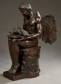 Patinated Bronze Fountain Figure, 20th c., of a seated male angel holding two doves, H.- 36 in., W.- 29 in., D.- 16 in.