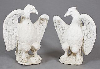 Pair of Large Cast Stone Garden Eagles, 20th c., with spread wings, H.- 24 in., W.- 18 in., D.- 8 in.