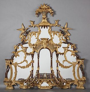 Chinese Chippendale Style Giltwood and Mahogany Overmantle Mirror, 20th c., the mirror with a twig-carved mahogany outer edge with applied gilt leaves