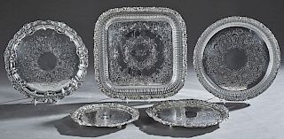 Group of Five Silverplated Serving Trays, 20th c., consisting of three graduated circular examples by Poole; a gadrooned circular example by Barker-El