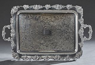 American Silverplated Handled Serving Tray, early 20th c., by the Birmingham Silver Co., New York, the scalloped border with relief grape and leaf dec