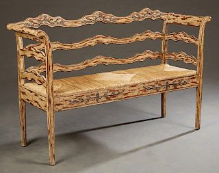 French Provincial Style Polychromed Rush Seat Bench, 20th c., the serpentine crest rail with relief carved leaves and tendrils, over two lower serpent