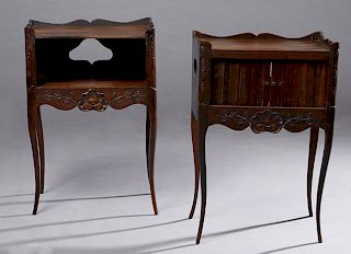 Two French Provincial Louis XV Style Carved Walnut Nightstands, early 20th c., each with three-quarter scalloped galleried tops and serpentine skirts,