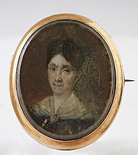 14K Rose Gold Double Brooch, 19th c., one side with a portrait miniature of a woman, the other of a man, in the style of Salazar, H.- 1 3/4 in., W.- 1