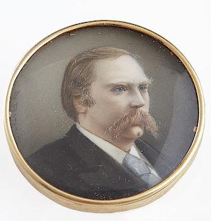18K Yellow Gold Portrait Brooch, c. 1900, containing a portrait of a mustachioed gentleman, Dia. 1 3/8 in.