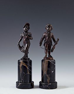 Otto Rasmussen (1845-, German), "Young Male Violinist," and "Young Girl with a Bonnet," late 19th c., pair of cabinet bronzes on highly figured steppe