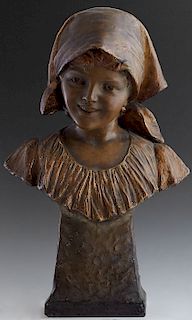 Goldscheider Gilt Ceramic Bust, early 20th c., of a young woman with a scarf, signed Bortone for Antonio Bortone (1844 - 1938) proper left of plinth, 