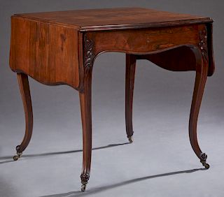 French Louis XV Style Carved Rosewood Demilune Drop Leaf Table, late 19th c., the rectangular stepped edge top with serpentine drop leaf over a frieze
