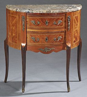 French Louis XVI Style Marble Top Inlaid Mahogany Demilune Side Table, 19th c., the stepped edge D-shaped figured grey marble above two drawers and co
