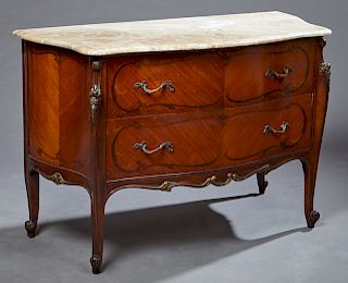 French Louis XV Style Crotched Mahogany Bombe Marble Top Commode, c. 1940, the shaped stepped edge highly figured beige marble above two bow front dra