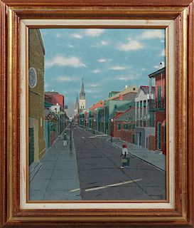 Adolph Kronengold (1900-1986, New Orleans), "Chartres Street Late Afternoon," 1984, oil on masonite, signed and dated lower right, presented in a step