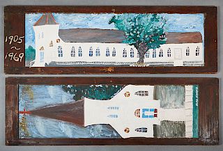 Irma Beinike (Gulfport, MS), "My Church in Gulfport," 1970, pair of oils on armoire doors, both signed lower right, one horizontal with the church's d