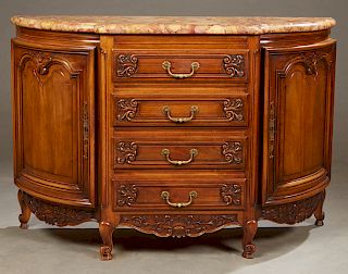 French Louis XV Style Breakfront Carved Cherry Marble Top Sideboard, 20th c., the thick Breche d'Alpes stepped edge breakfront marble over a central b