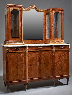 Two Piece French Louis XVI Style Ormolu Mounted Inlaid Burled Walnut Dining Room Suite, early 20th c., consisting of a marble top sideboard, with a pe