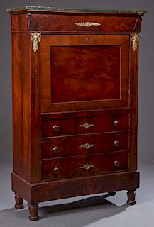 French Empire Style Marble Top Ormolu Mounted Mahogany Secretary Abattant, early 20th c., the verde antico marble over a frieze drawer above a setback