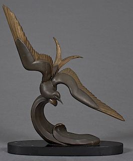 Irenee Rochard (1906-1984, France), "Seagull in Flight," 20th c., patinated bronze, signed proper right front of the oval black marble base, H.- 25 1/