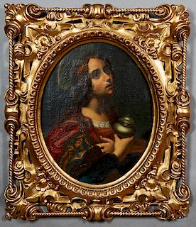 English School, "Portrait of a Saint Holding a Covered Chalice," 19th c., possibly St. Barbara, oval oil on canvas, presented in an extraordinary pier