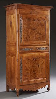 French Provincial Louis XV Style Carved Inlaid Burled Walnut Homme Debout, 19th c., the canted corner stepped crown over a cupboard door with a long i