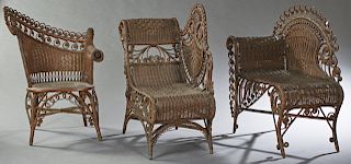 Group of Three American Wicker Photographers Chairs, c. 1900, two of recamier form, Tallest Recamier- H.- 37 1/2 in., W.- 34 in., D.- 18 in. (3 Pcs.)