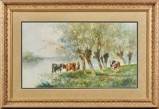 Hugo Anton Fisher (1854-1916), "Cows Watering Beside a Lake," watercolor, signed lower right, presented in a gilt relief frame with a wide mat, H.- 17