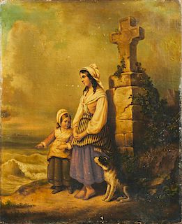 French School, "Mother and Child with Dog by a Roadside Shrine," 19th c., oil on canvas, unframed, H.- 24 in., W.- 19 5/8 in.