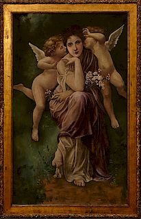 F. Stafford, "Classical Woman Kissed by Cherubs," late 19th c., oil on linen, signed lower right, presented in a wide gilt and gesso frame with leaf a